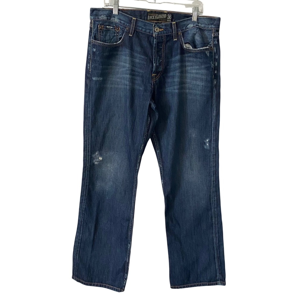 Lucky Brand Legend Slim Bootleg Jeans Men 36x32 Dark Wash Distressed Button Fly